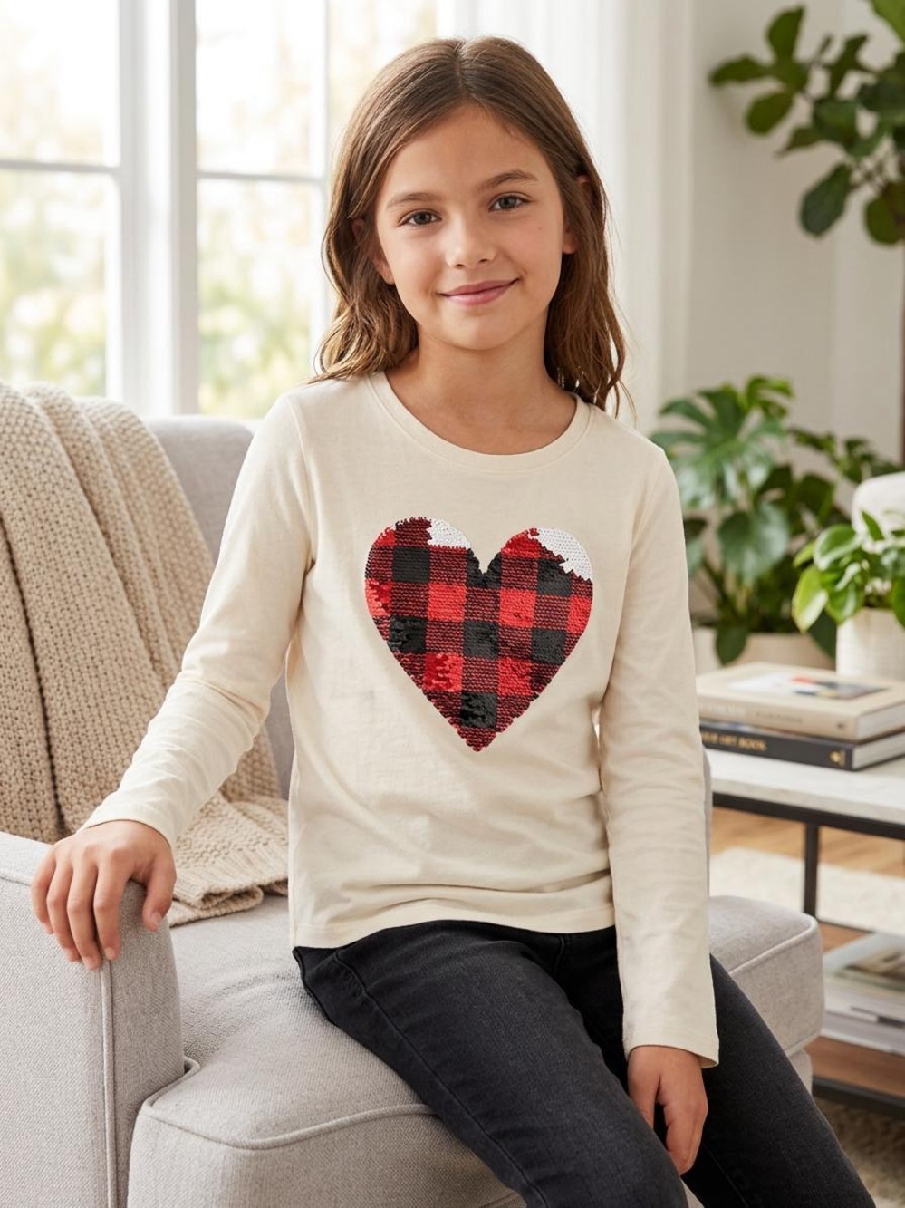 Cat & Jack Cream Long Sleeve Tee with Red & Black Plaid Sequin Heart
